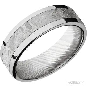 10K White Gold with Polish Finish and Meteorite Inlay and Damascus - 7MM