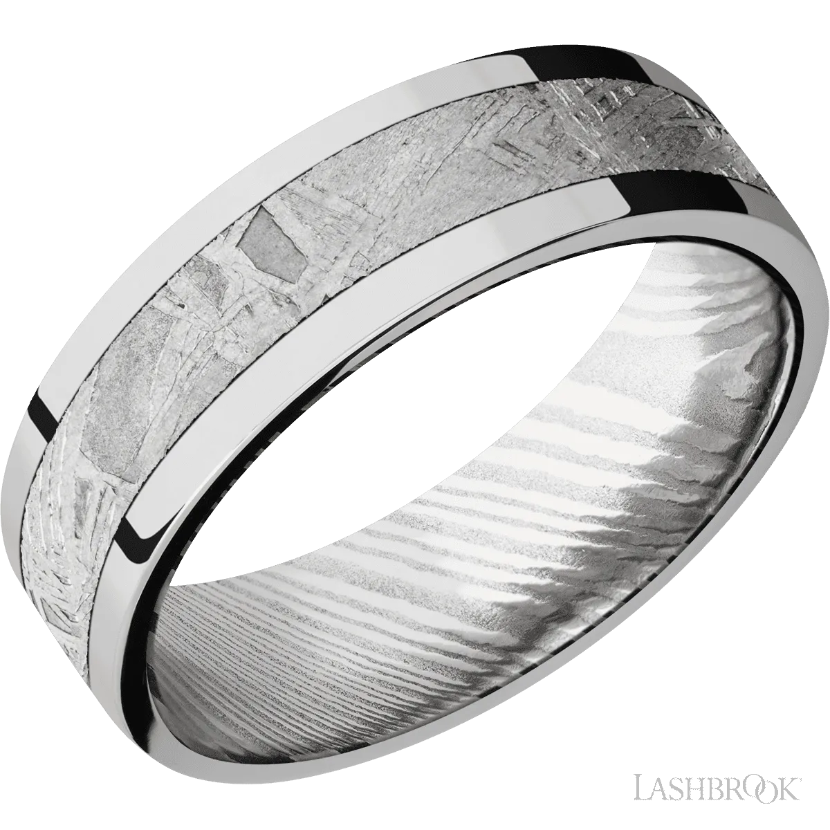 10K White Gold with Polish Finish and Meteorite Inlay and Damascus - 7MM