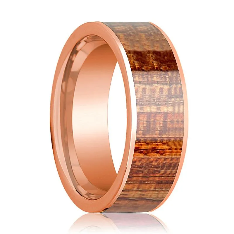 14k Rose Gold Polished Flat Mahogany Wood Inlay Ring for Men