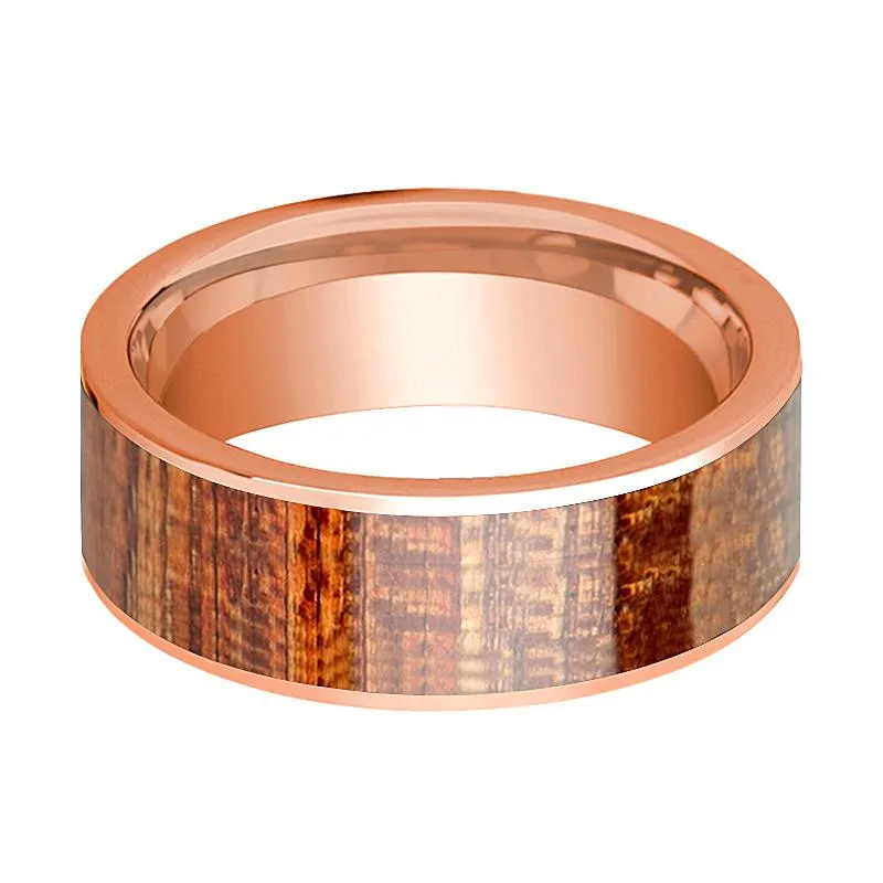 14k Rose Gold Polished Flat Mahogany Wood Inlay Ring for Men