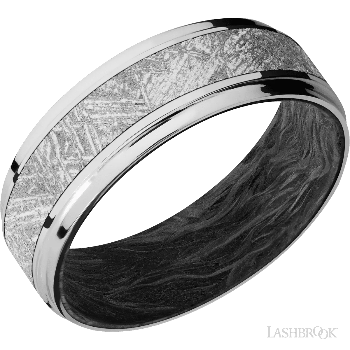 14K White Gold with Polish , Polish Finish and Meteorite Inlay and Forged Carbon Fiber - 7MM