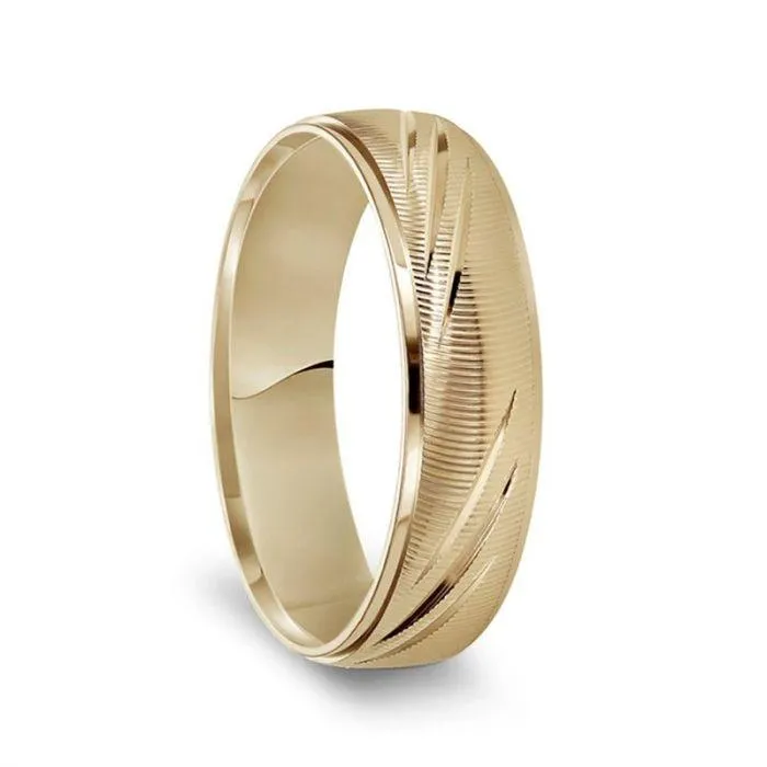 14k Yellow Gold Grooved Ring with Textured Vertical Line Pattern & Polished Beveled Edges - 6mm