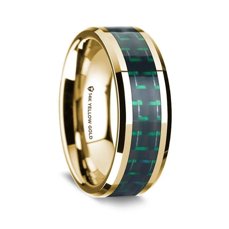 14K Yellow Gold Polished Beveled Edges Wedding Ring with Black and Green Carbon Fiber Inlay - 8 mm