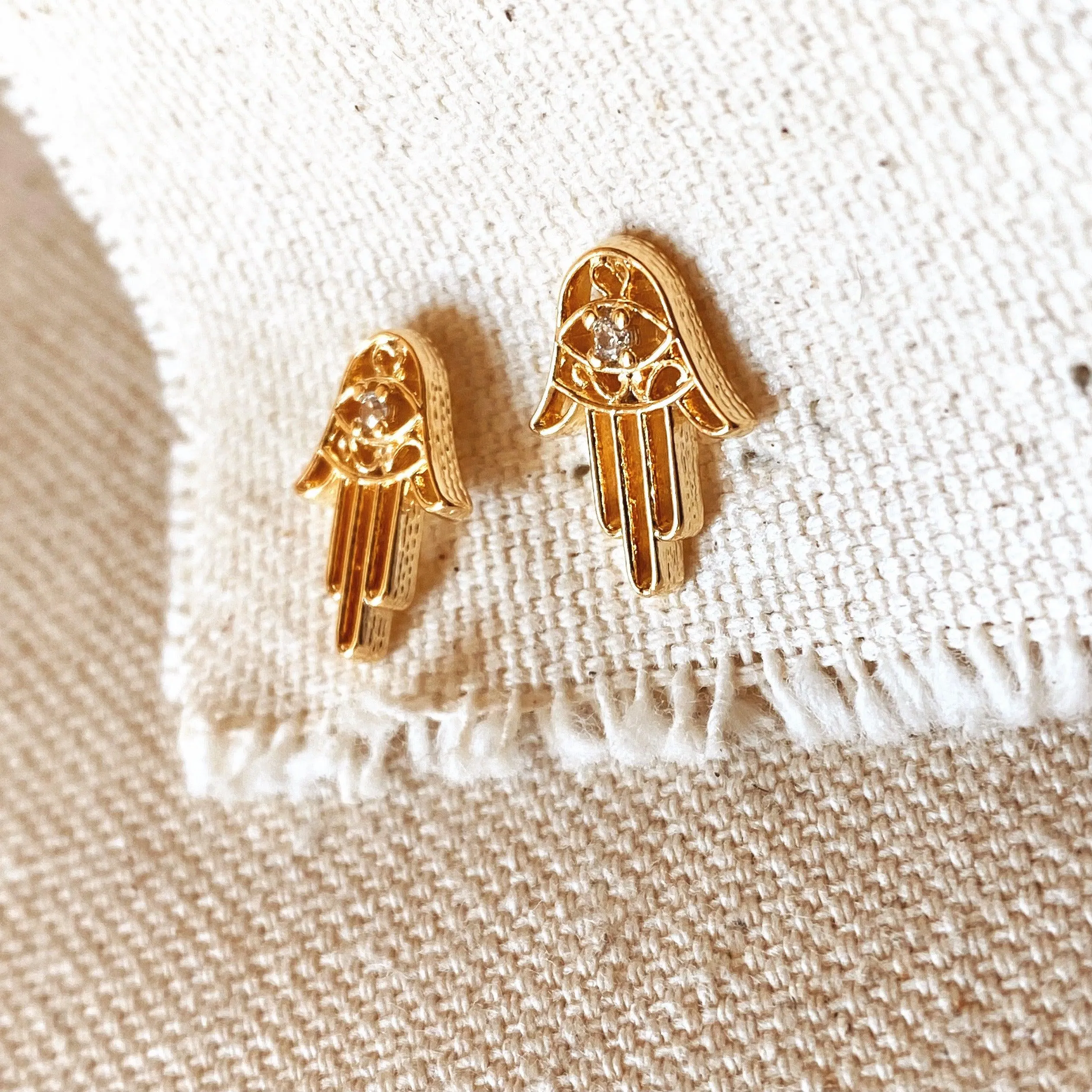 18k Gold Filled Dainty Hamsa Stud Earrings Featuring Detail in Cubic Zirconia