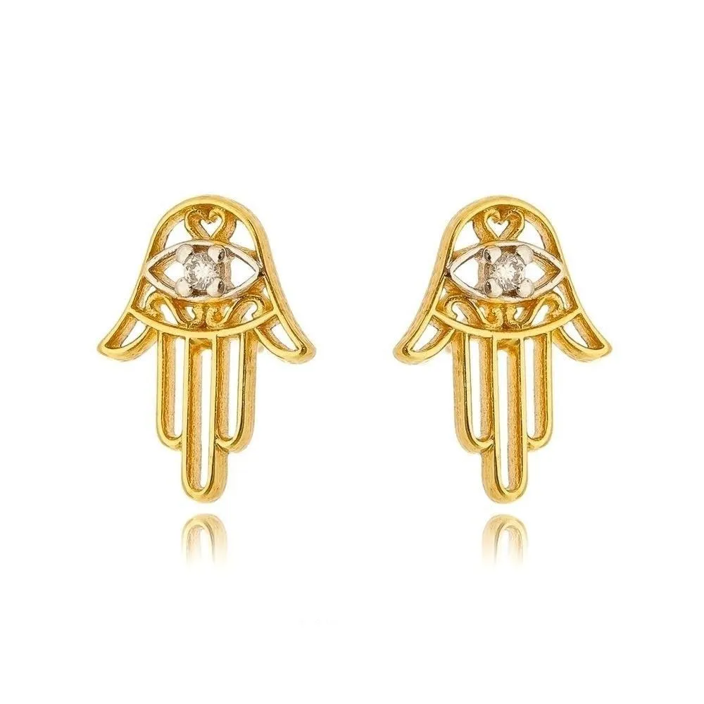 18k Gold Filled Dainty Hamsa Stud Earrings Featuring Detail in Cubic Zirconia