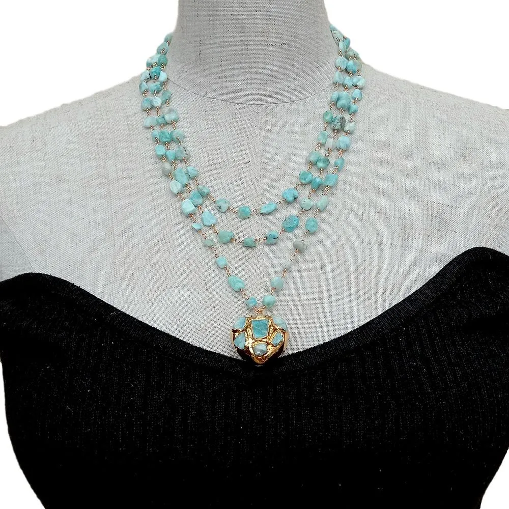 3 Strands Natural Blue Larimar Rosary Chain Necklace