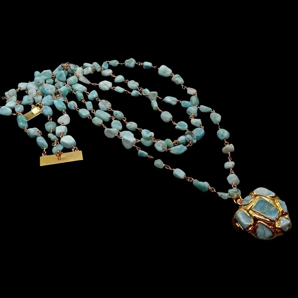 3 Strands Natural Blue Larimar Rosary Chain Necklace