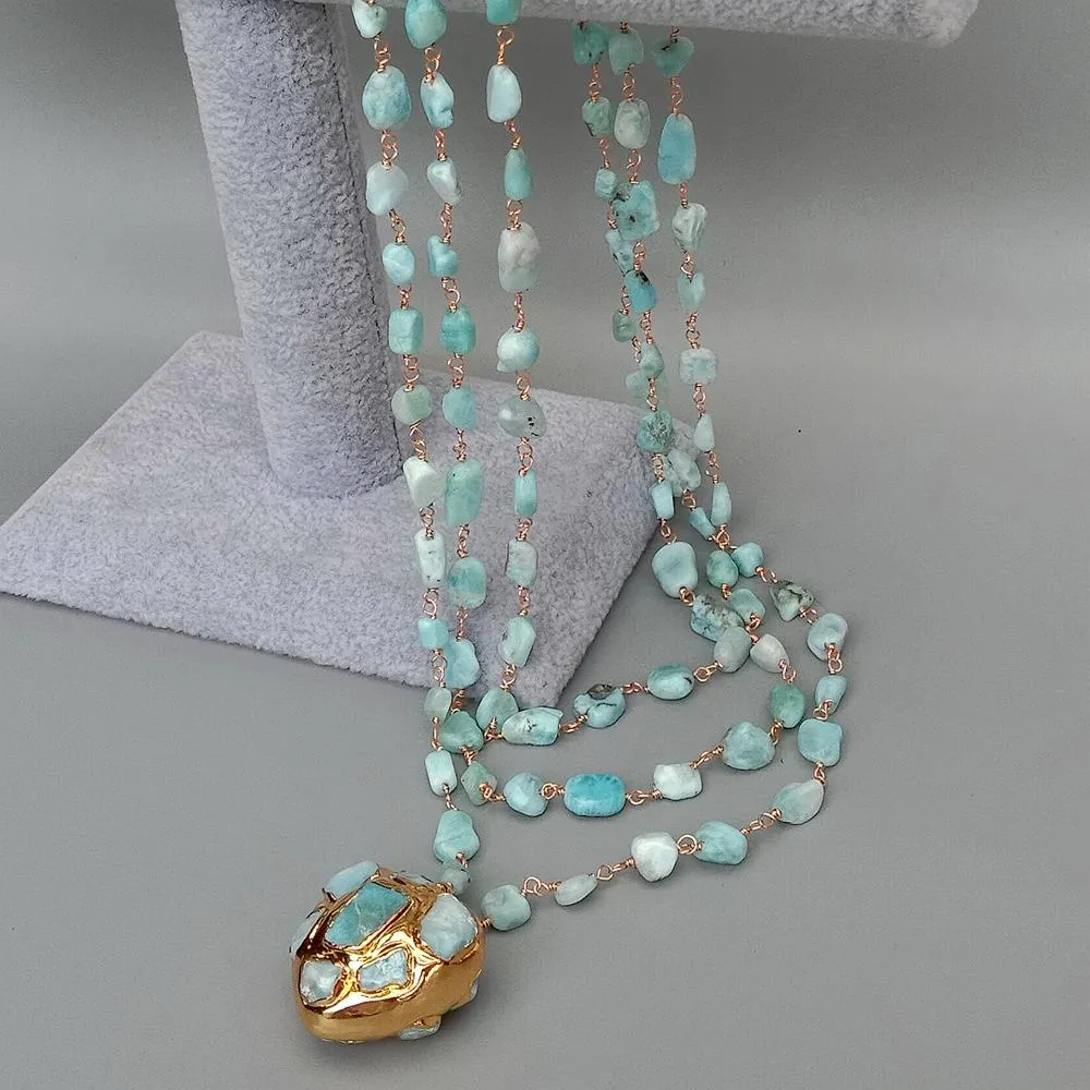 3 Strands Natural Blue Larimar Rosary Chain Necklace