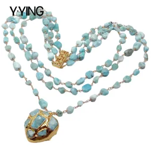 3 Strands Natural Blue Larimar Rosary Chain Necklace