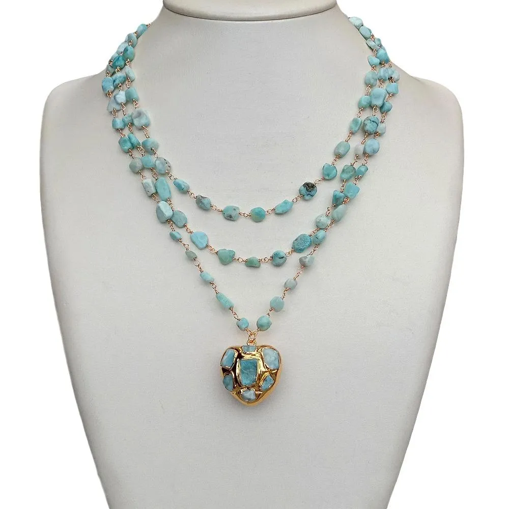 3 Strands Natural Blue Larimar Rosary Chain Necklace