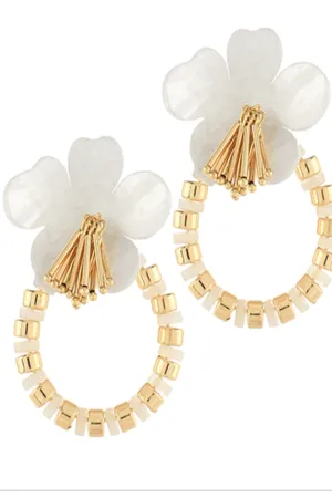 Acrylic Flower & Circle Linked Earrings-White/Gold