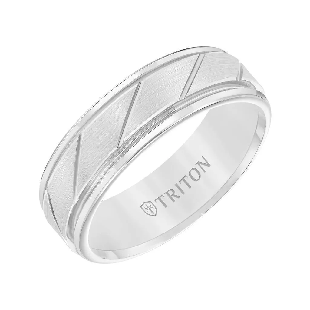 ADLER White Tungsten Ring with Brushed Diagonally Grooved Center by Triton Rings - 7mm