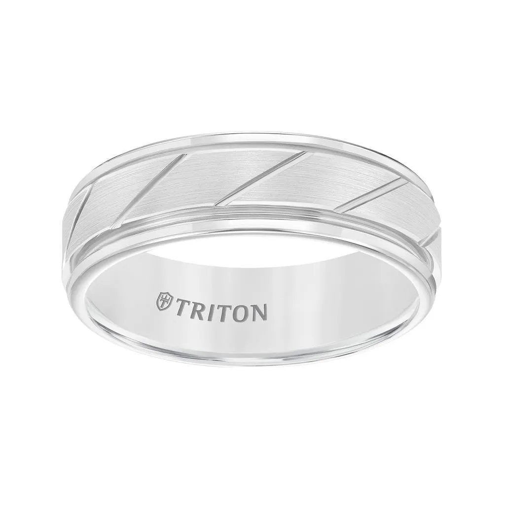 ADLER White Tungsten Ring with Brushed Diagonally Grooved Center by Triton Rings - 7mm