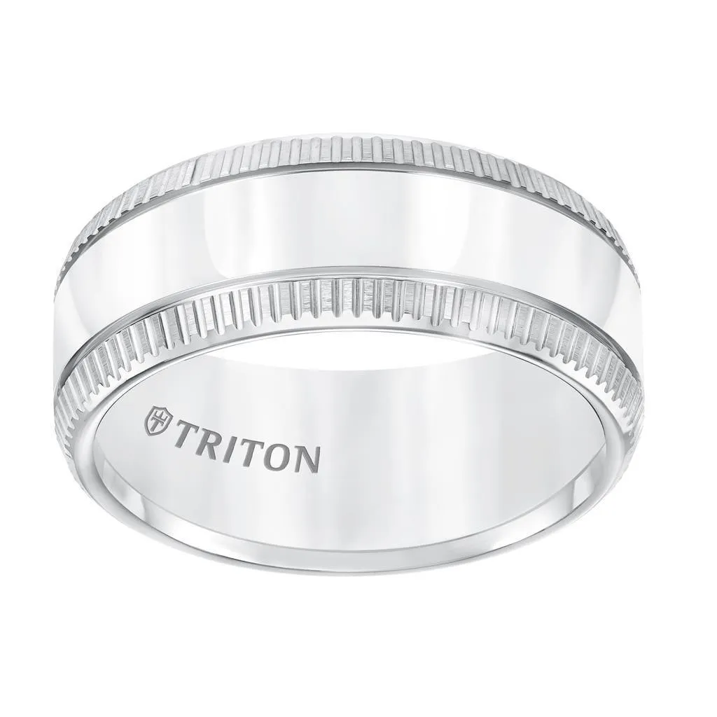 ALBUS White Tungsten Polished Center Wedding Band with Coin Edge Sides by Triton Rings - 9mm