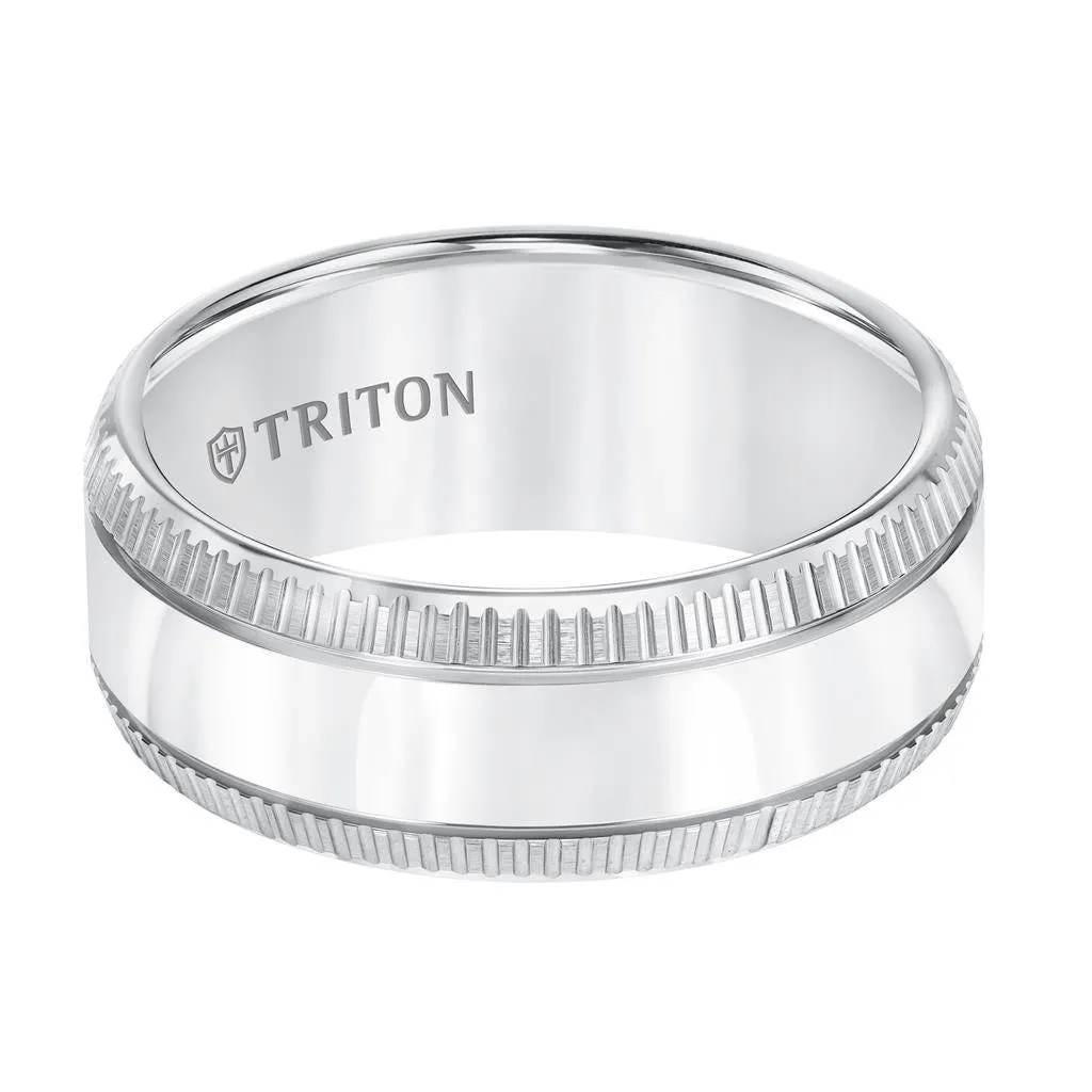 ALBUS White Tungsten Polished Center Wedding Band with Coin Edge Sides by Triton Rings - 9mm