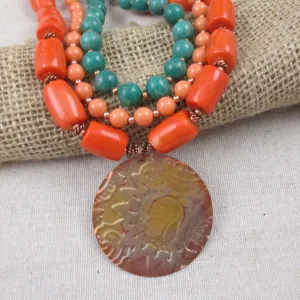 Amazonite Statement Multi Strand Necklace with Big Copper Pendant