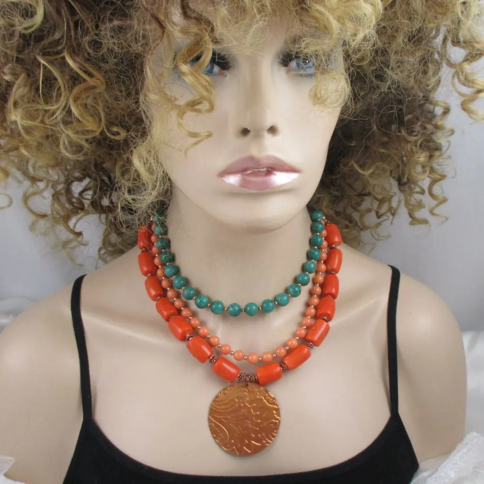 Amazonite Statement Multi Strand Necklace with Big Copper Pendant