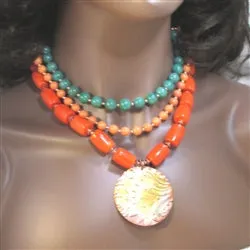 Amazonite Statement Multi Strand Necklace with Big Copper Pendant