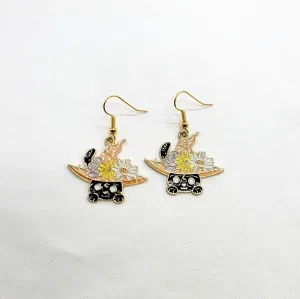 Black Cat and Flower Hat Enamel Earrings