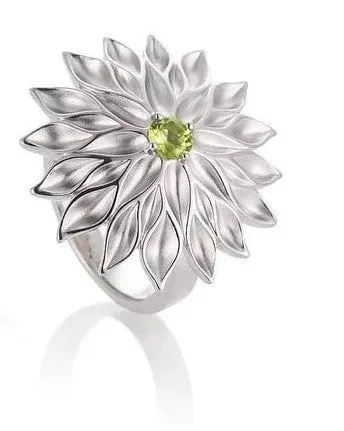 Breuning Stunning Rhodium Plated Silver Flower Ring with Peridot