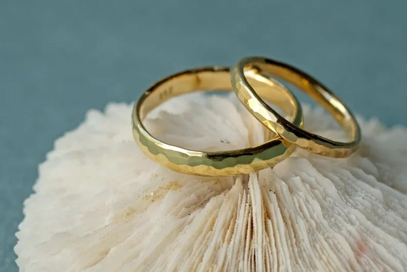 Classic Gold Hammered Wedding Ring Set Polished