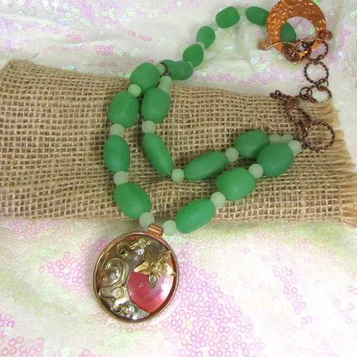 Cool Green Sea Glass and Copper Pendant Necklace