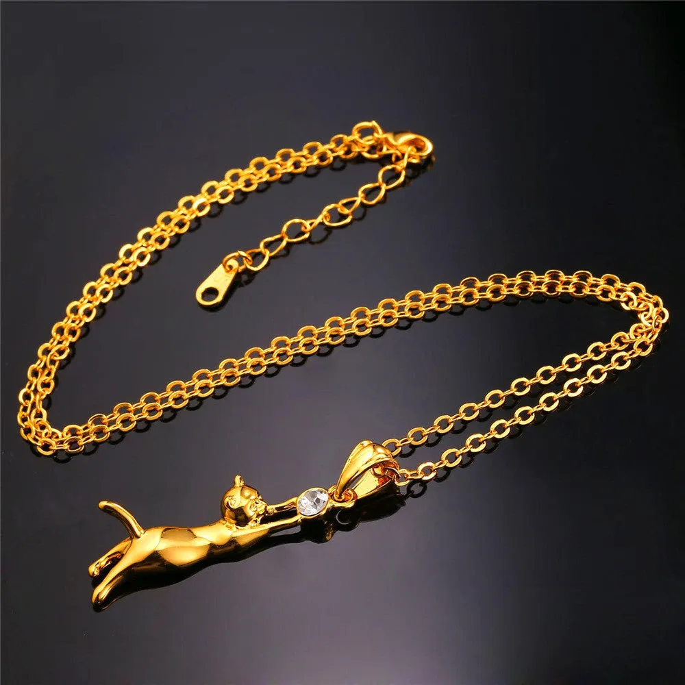 Cute Cat Necklace Gold Plated Pet Jewelry Trendy Rhinestone Pendant Necklace For Women Animal Cat Jewelry