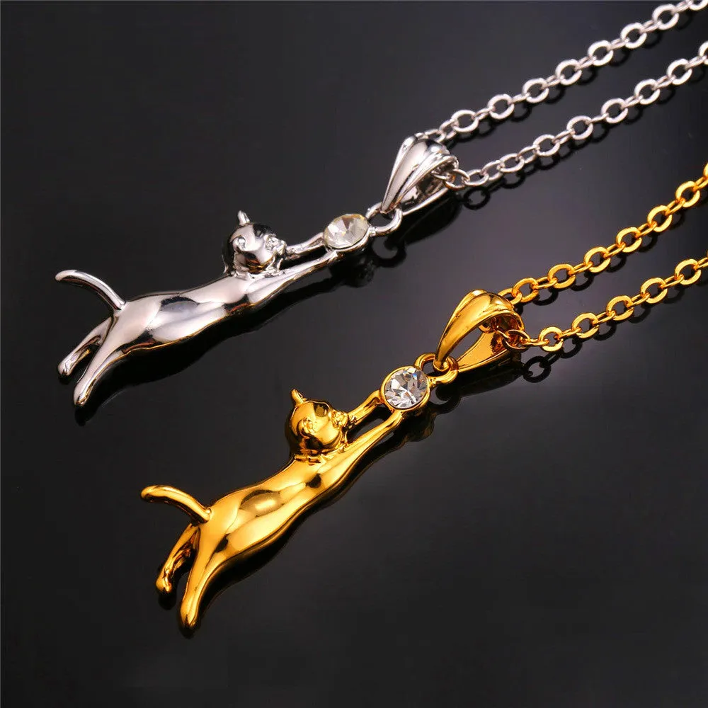 Cute Cat Necklace Gold Plated Pet Jewelry Trendy Rhinestone Pendant Necklace For Women Animal Cat Jewelry