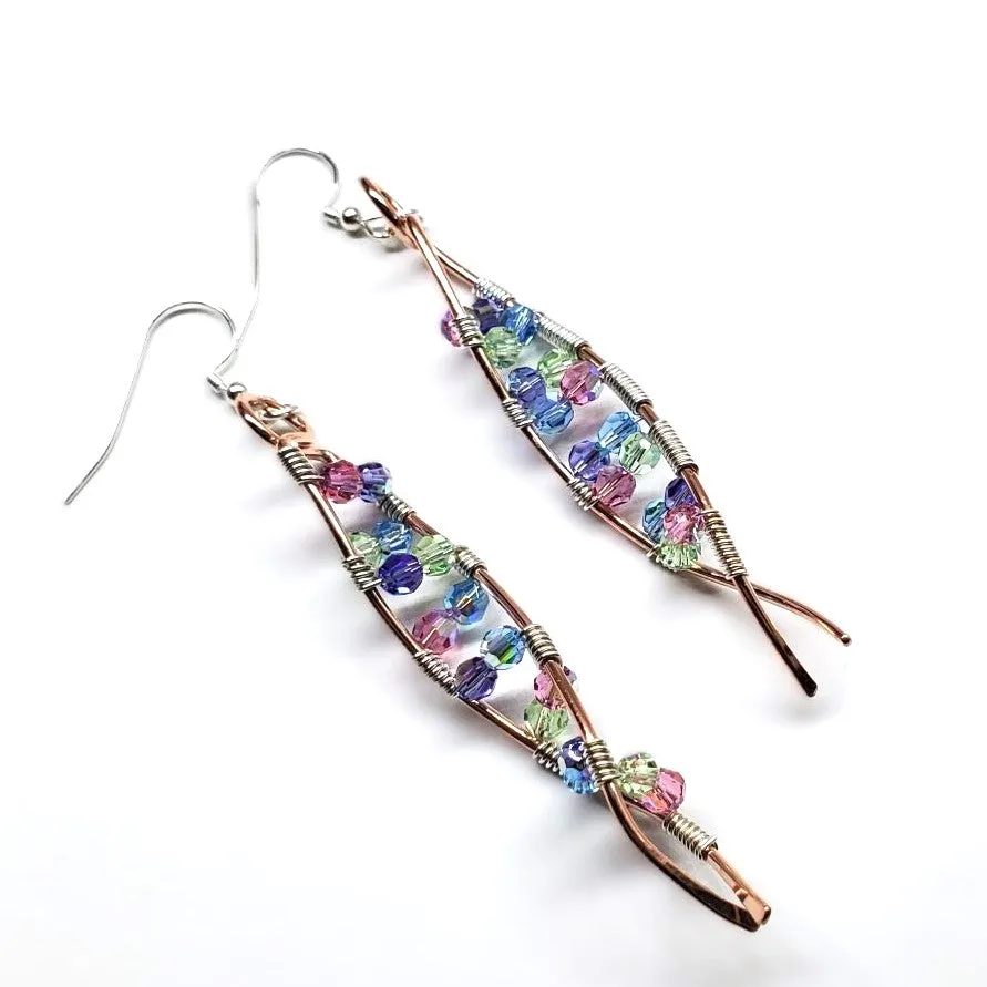 DNA Strand Double Helix Long Crystal Earrings