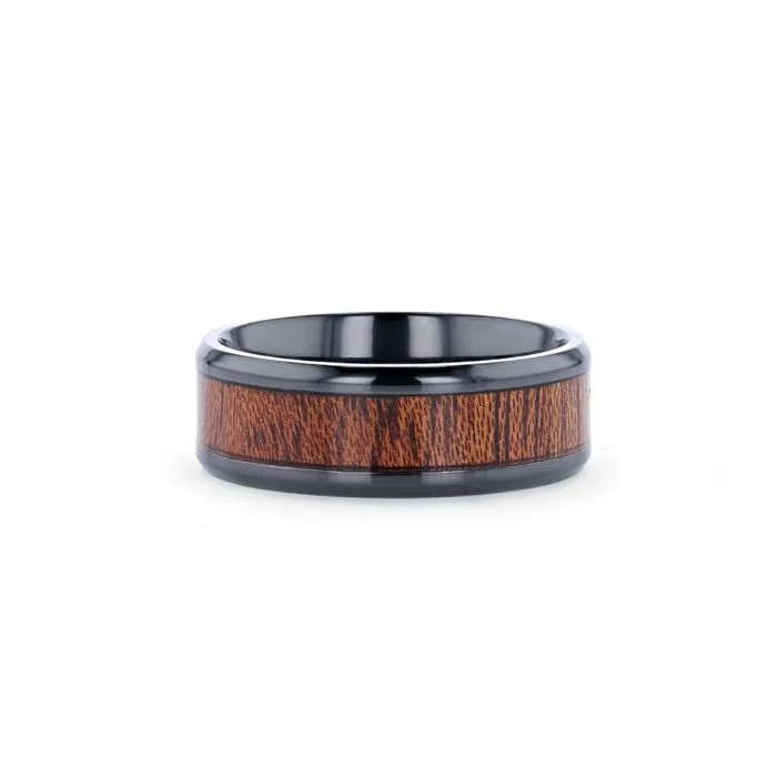 DOMINICA | Black Titanium Ring, Hardwood Inlay, Beveled