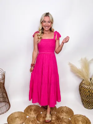 DOORBUSTER - Hot Pink Fuchsia Tiered Maxi Dress with Bow Straps