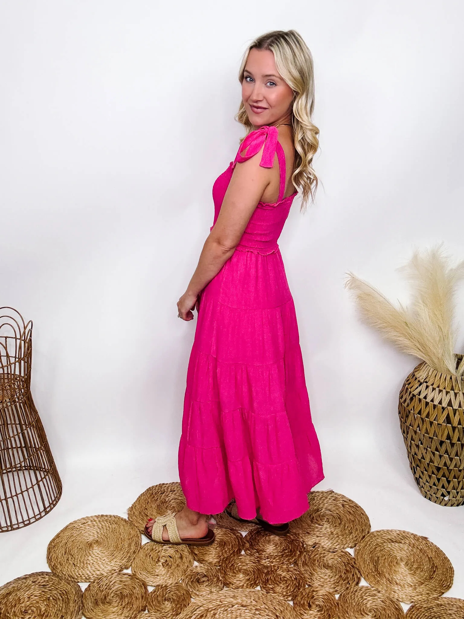 DOORBUSTER - Hot Pink Fuchsia Tiered Maxi Dress with Bow Straps