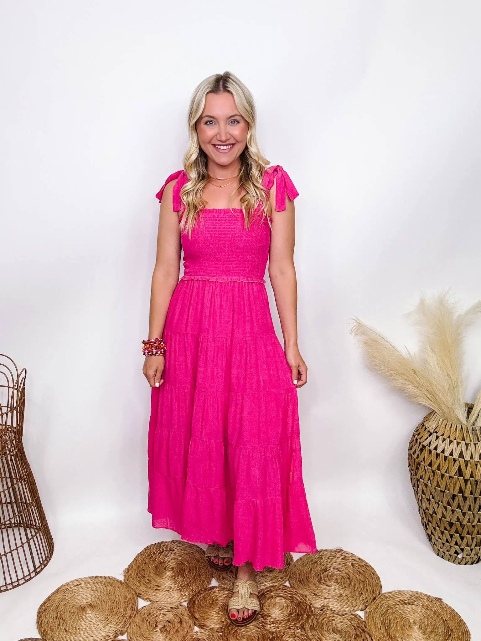 DOORBUSTER - Hot Pink Fuchsia Tiered Maxi Dress with Bow Straps