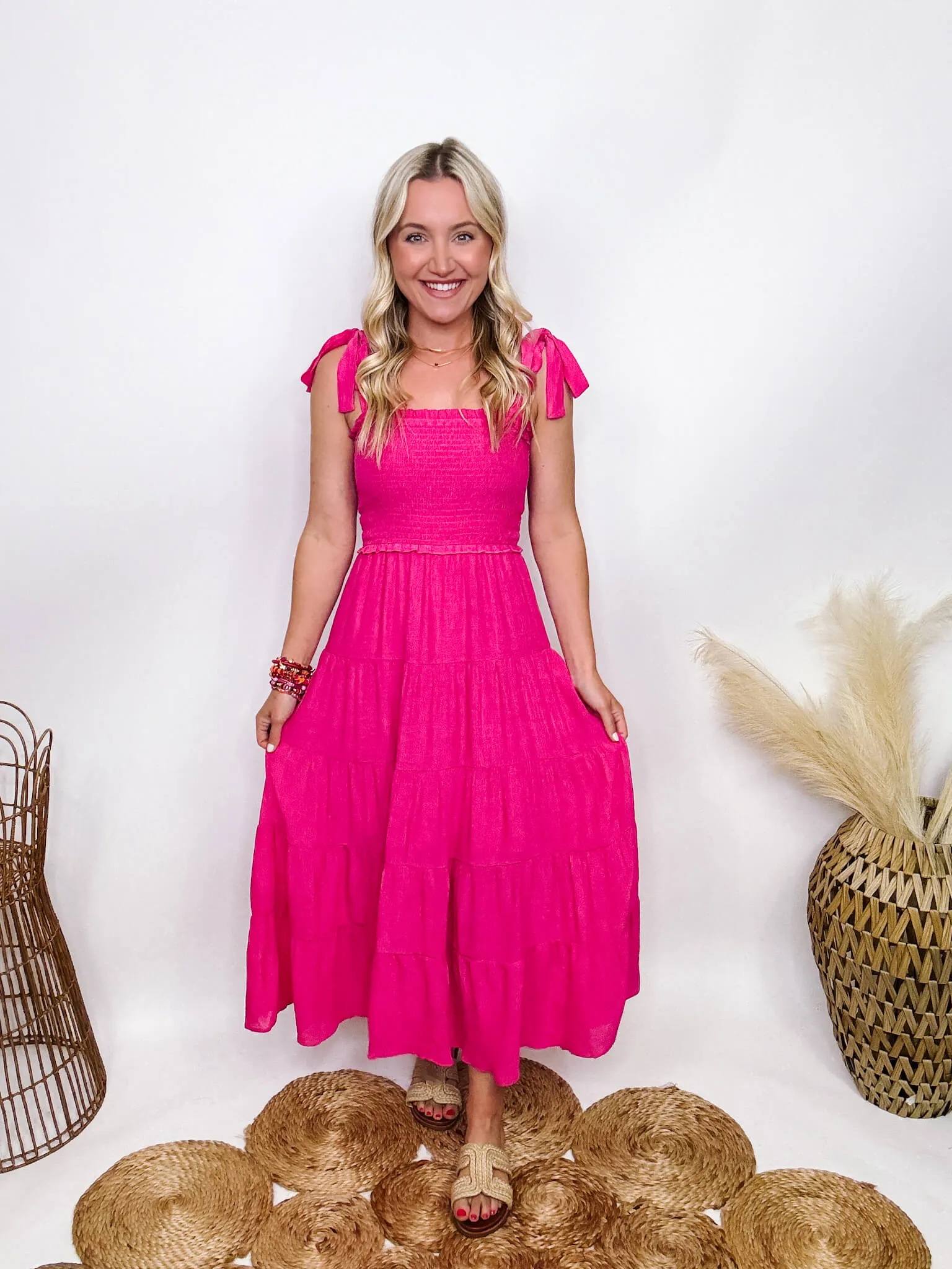 DOORBUSTER - Hot Pink Fuchsia Tiered Maxi Dress with Bow Straps