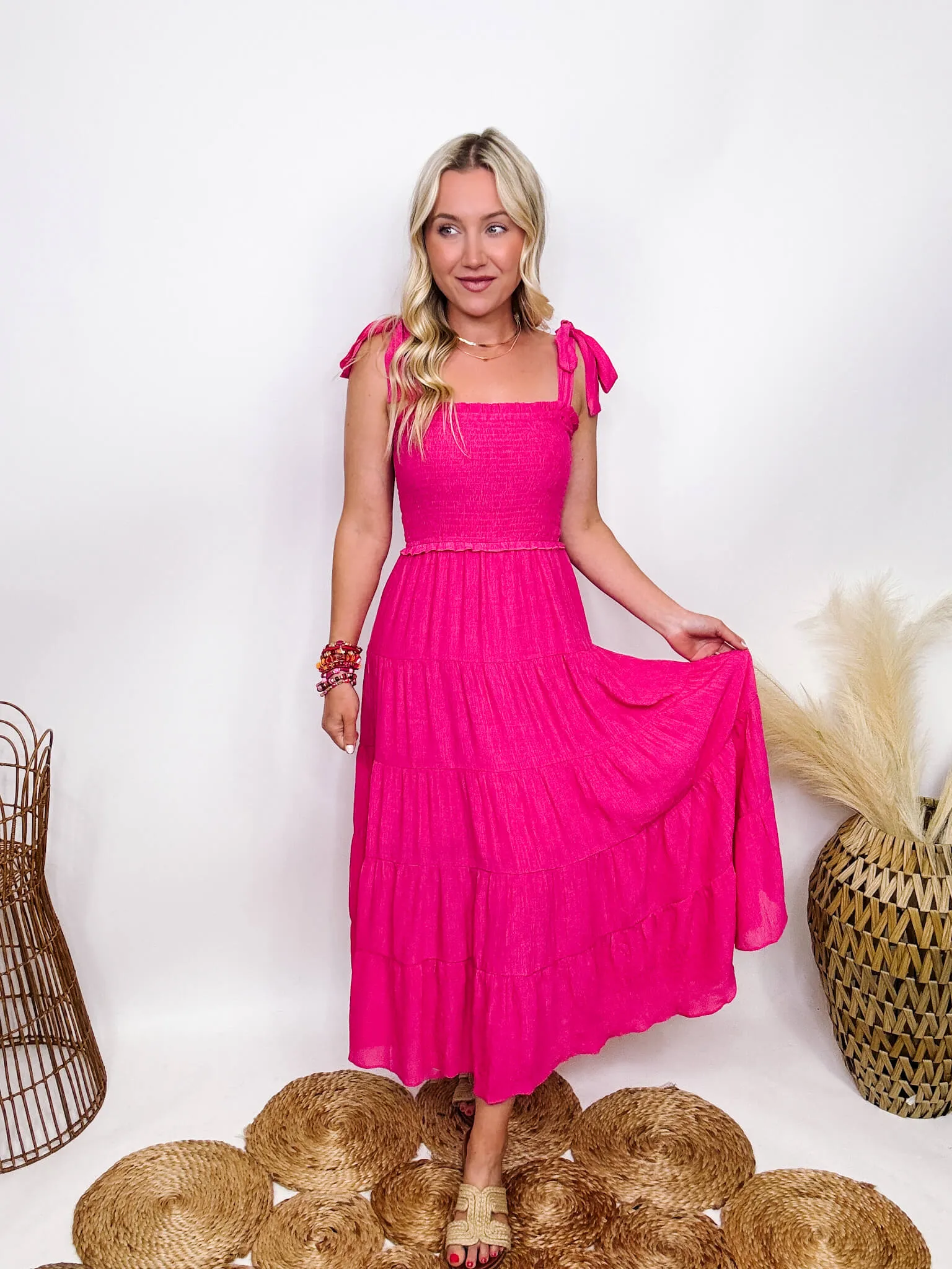 DOORBUSTER - Hot Pink Fuchsia Tiered Maxi Dress with Bow Straps