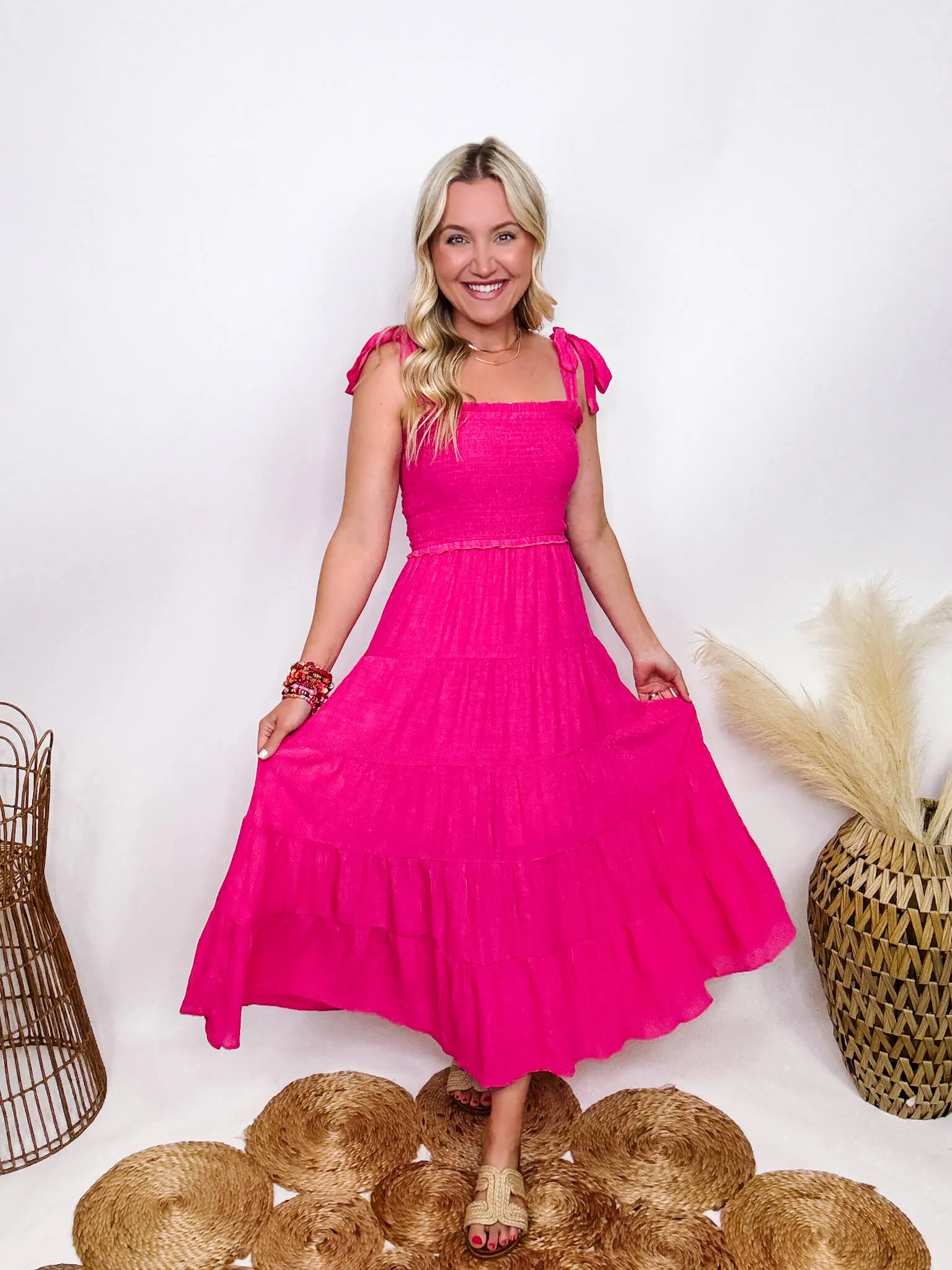 DOORBUSTER - Hot Pink Fuchsia Tiered Maxi Dress with Bow Straps