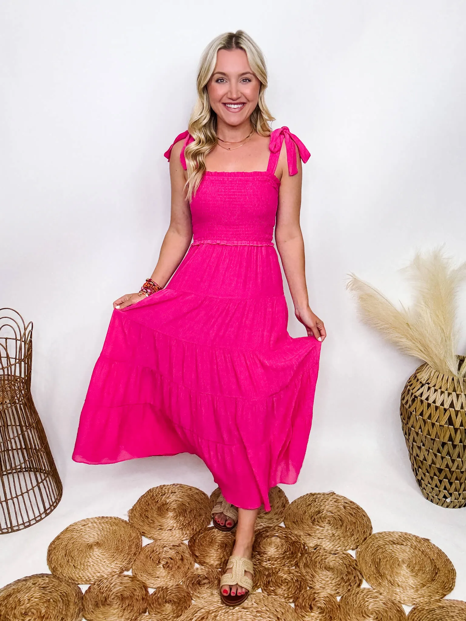 DOORBUSTER - Hot Pink Fuchsia Tiered Maxi Dress with Bow Straps