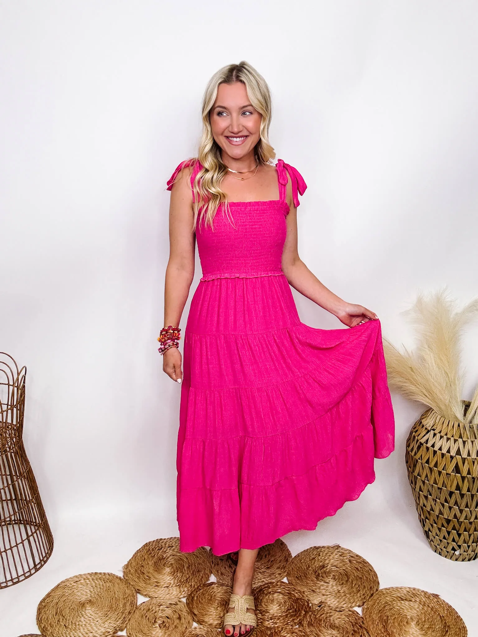 DOORBUSTER - Hot Pink Fuchsia Tiered Maxi Dress with Bow Straps