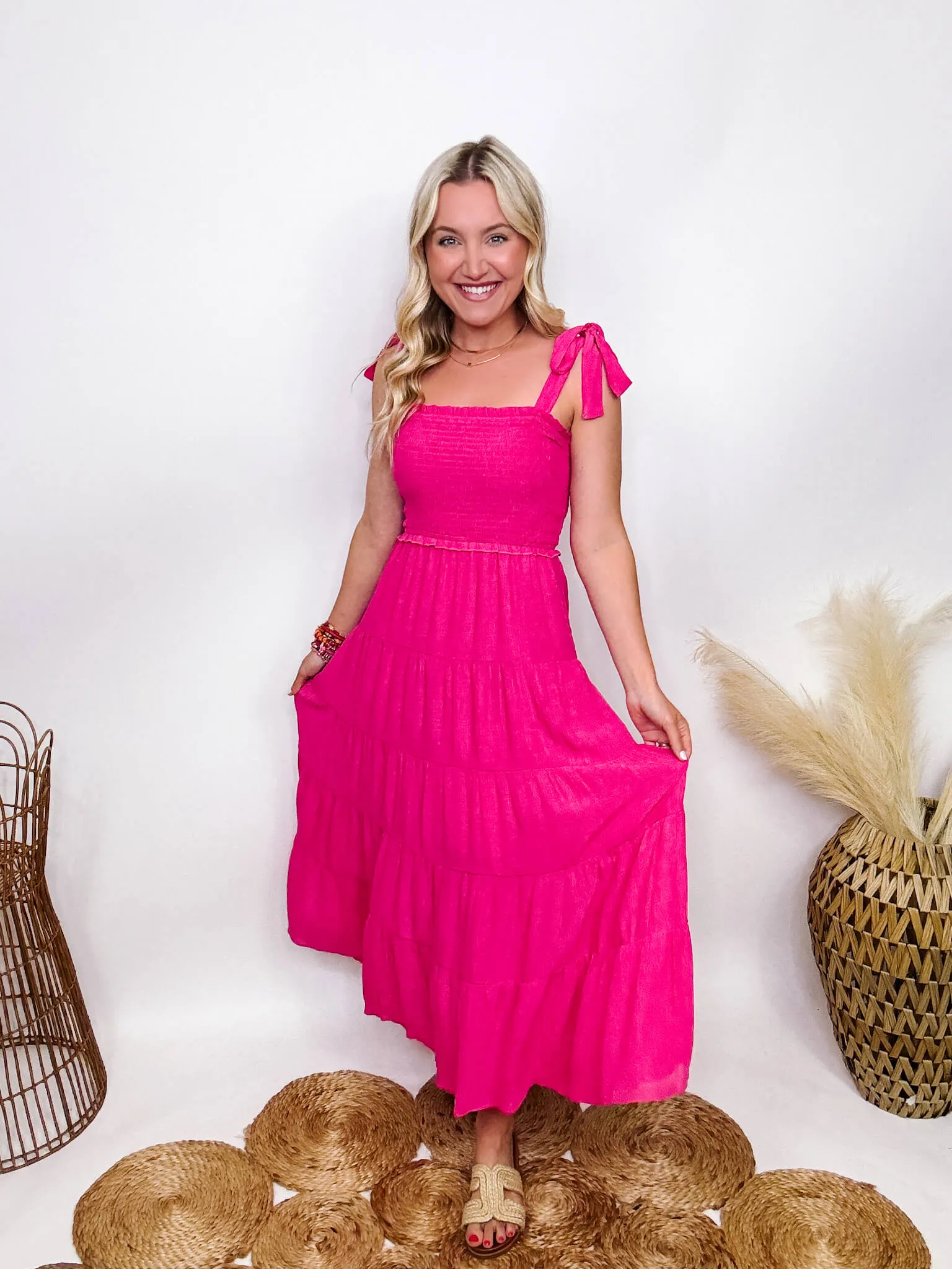 DOORBUSTER - Hot Pink Fuchsia Tiered Maxi Dress with Bow Straps