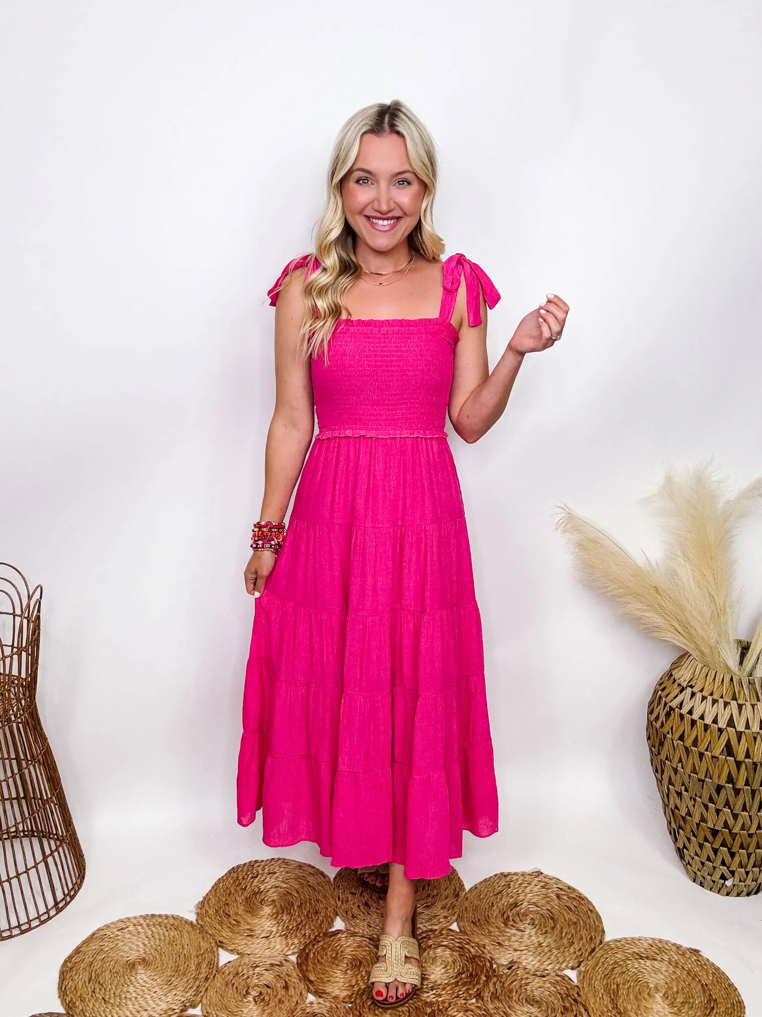 DOORBUSTER - Hot Pink Fuchsia Tiered Maxi Dress with Bow Straps