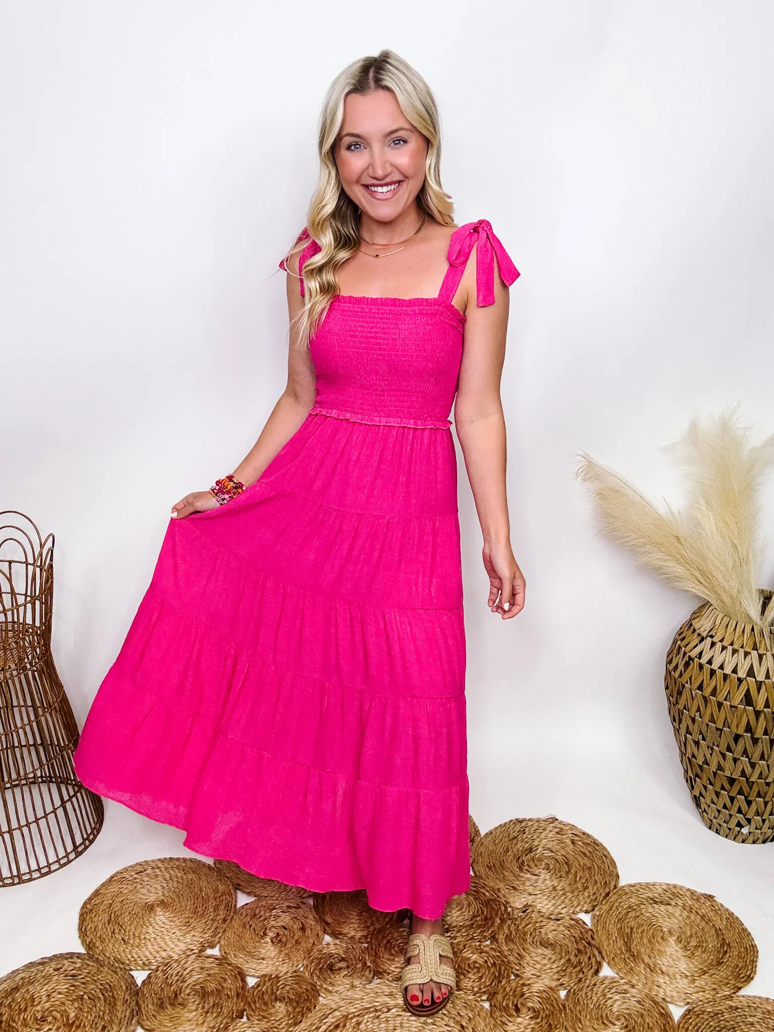 DOORBUSTER - Hot Pink Fuchsia Tiered Maxi Dress with Bow Straps