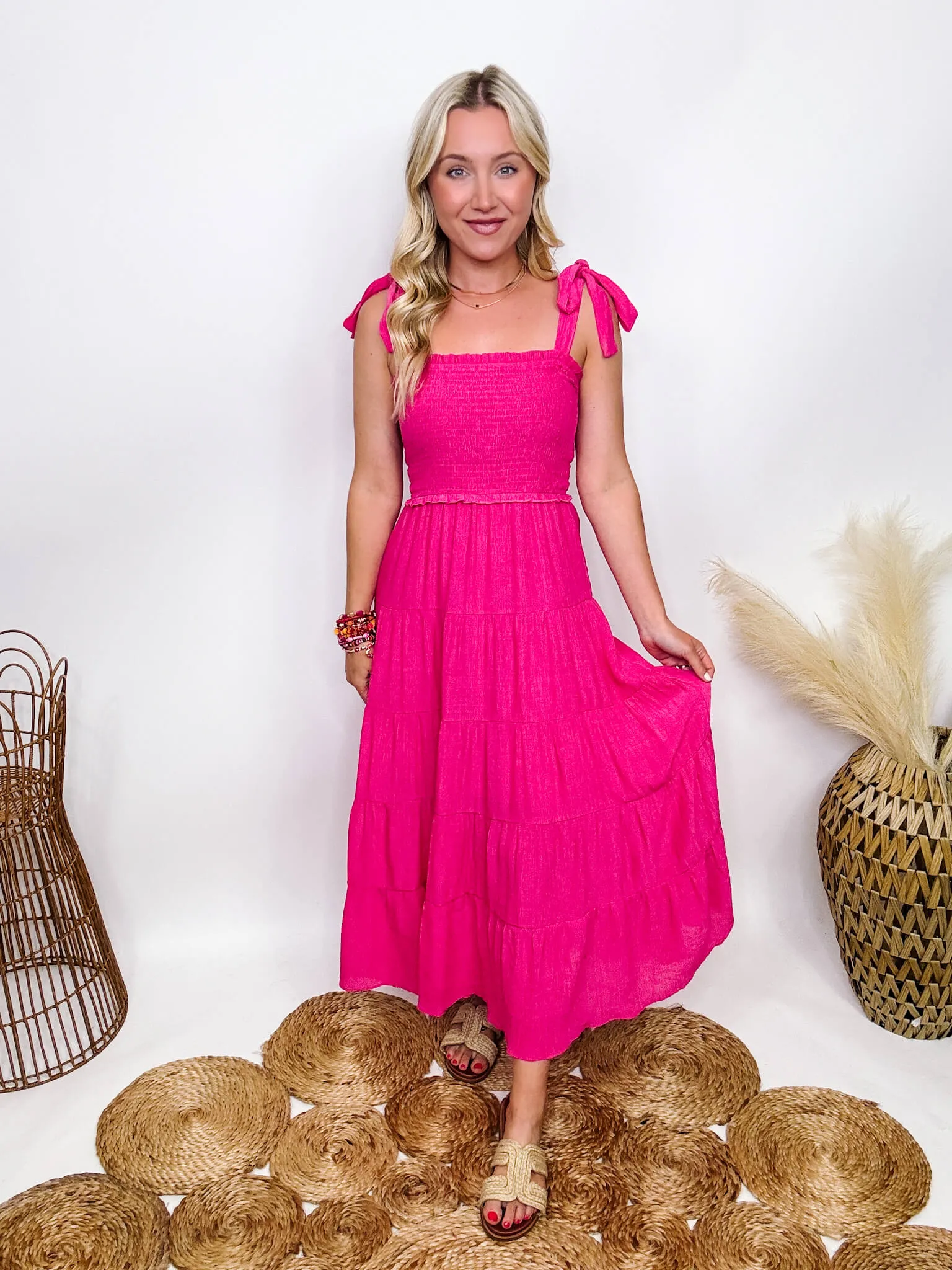 DOORBUSTER - Hot Pink Fuchsia Tiered Maxi Dress with Bow Straps