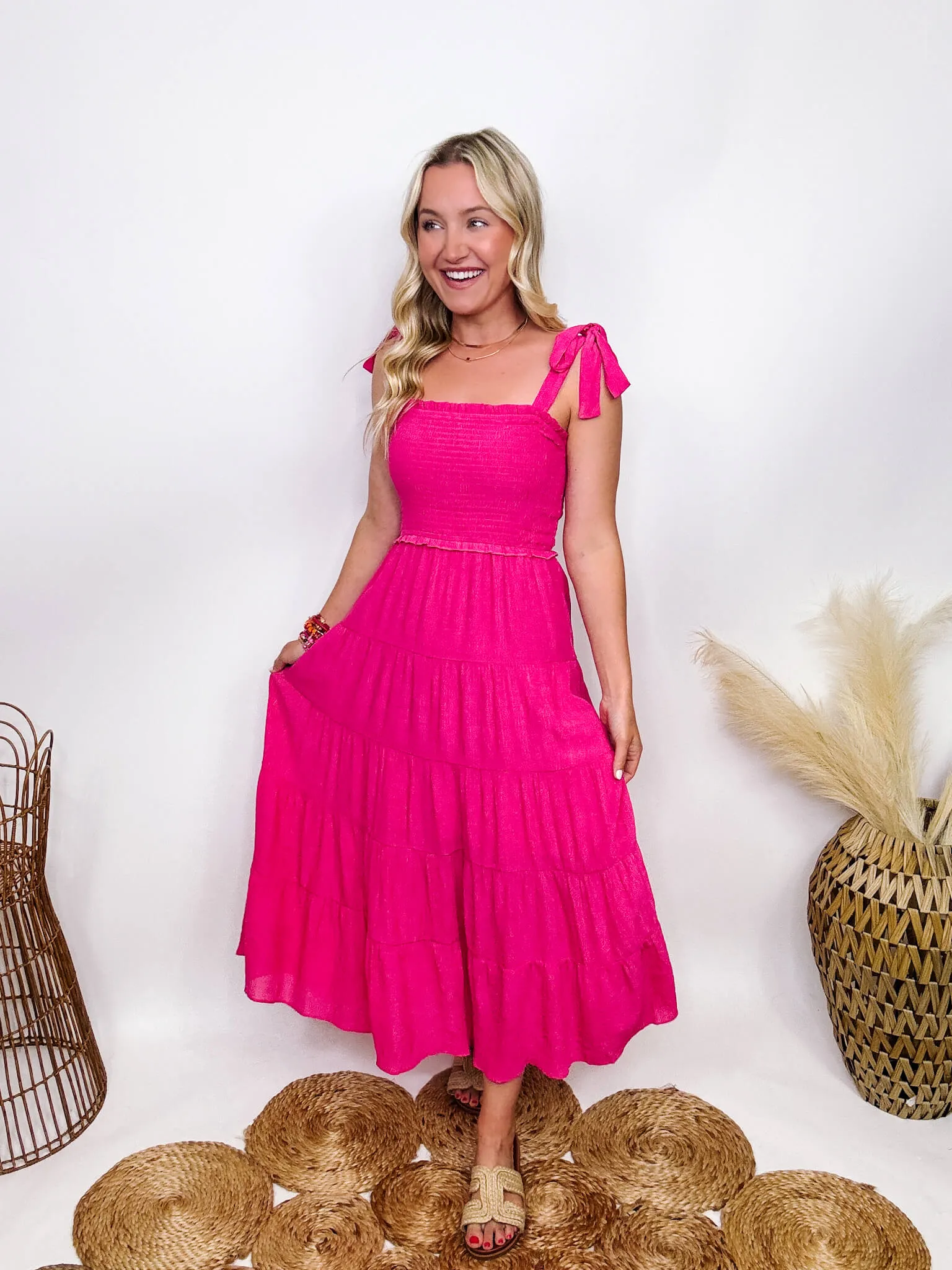 DOORBUSTER - Hot Pink Fuchsia Tiered Maxi Dress with Bow Straps