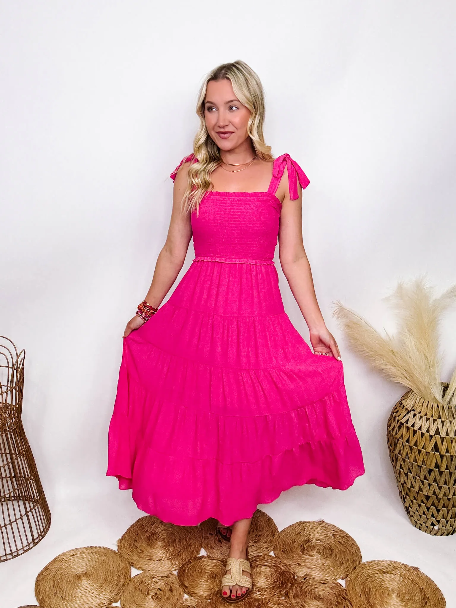 DOORBUSTER - Hot Pink Fuchsia Tiered Maxi Dress with Bow Straps