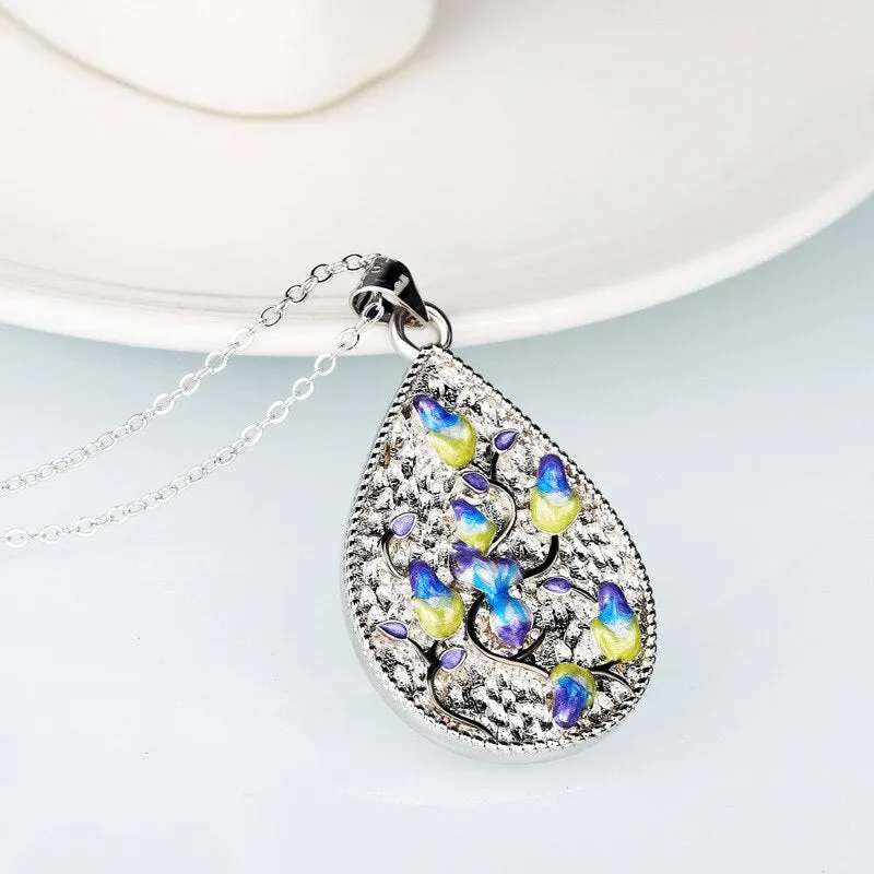 Exquisite Orchid Flower Enamel Pendant Necklaces with Zircon in 925 Sterling Silver