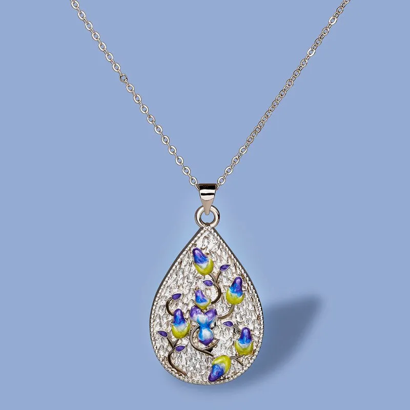 Exquisite Orchid Flower Enamel Pendant Necklaces with Zircon in 925 Sterling Silver