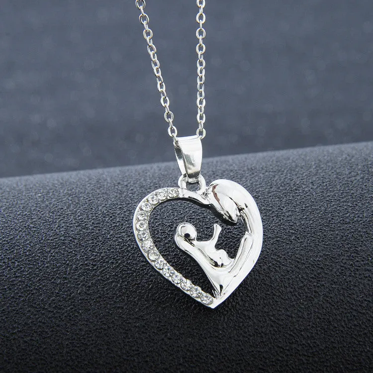 Fashion Mother's Day Gift Mother Daughter Mom Baby Child Family Love Rhinestone Heart-shaped Pendant Necklace For Mom