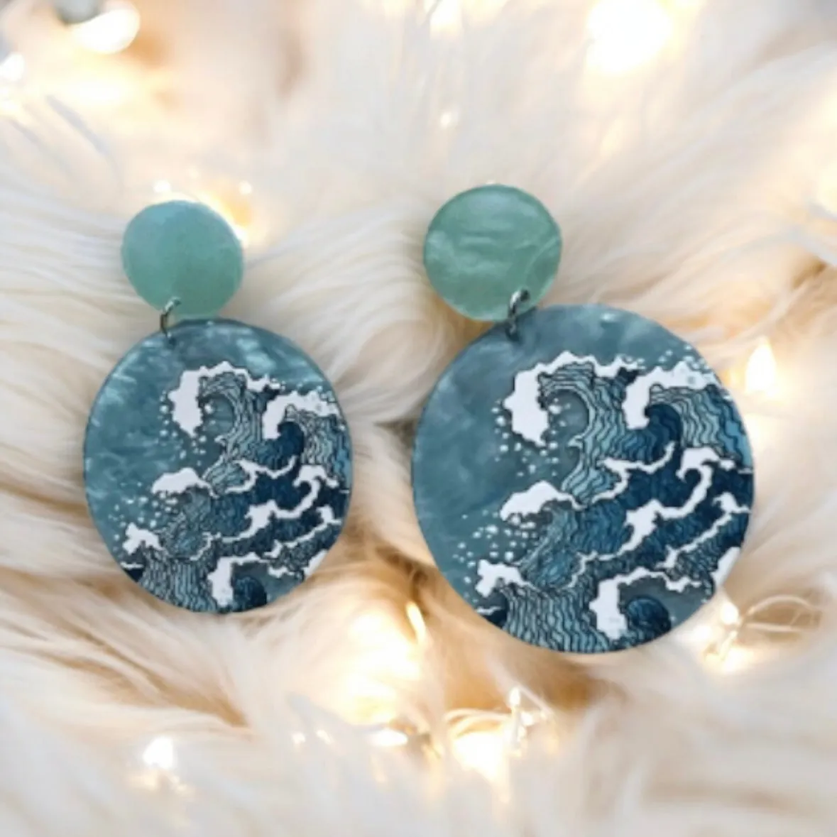 Geometric - Ocean Blue circle shaped earrings with blue waves | stormy sea dangle earrings | oriental style decor drop earrings| cute kawaii earrings