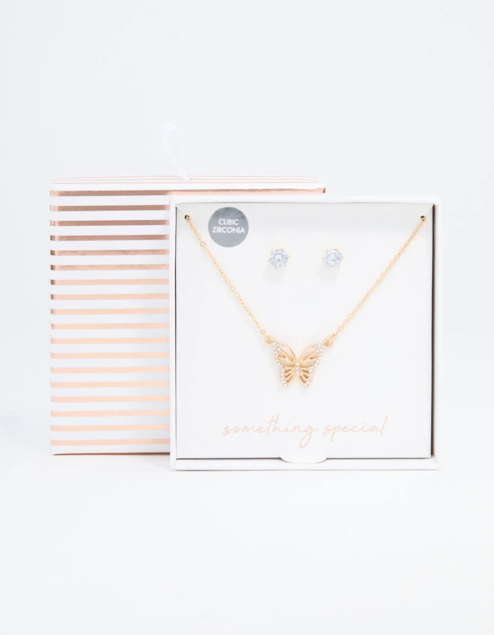 Gold Cubic Zirconia Butterfly Necklaces & Stud Earrings Pack