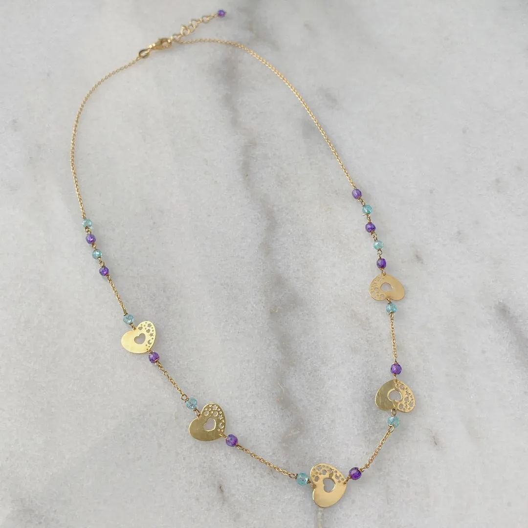 Gold Heart Necklace with Gemstone Beads